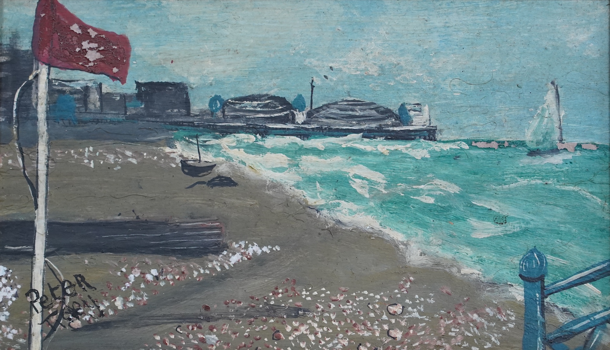 Peter Tidey, oil on board, Coastal view with pier, indistinctly signed lower right, 13.5 x 23.5cm